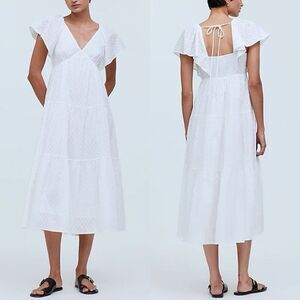 MADEWELL Midi Dress Women 8 Tie-Back Tiered NEW White V-Neck NQ594